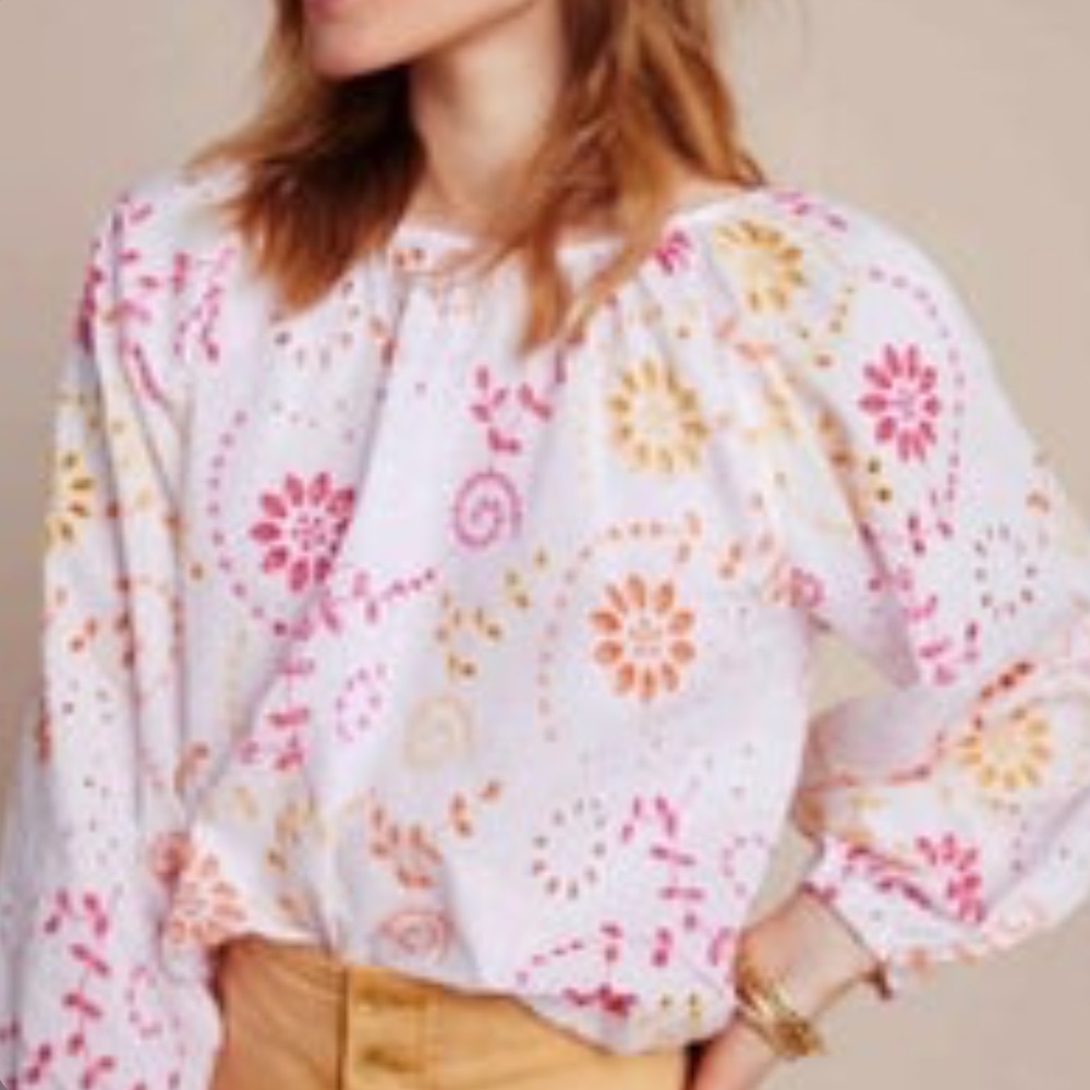 Anthropologie x Maeve White Colorful Floral Eyelet Long Sleeve